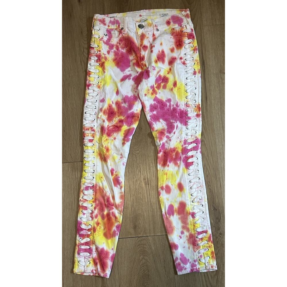 True Religion Women's Halle Mid Rise Super Skinny Tie Dye Crop Full Lace Up - 25